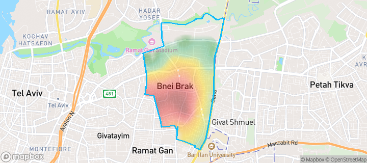 מפה של בני ברק — תחומי העיר מסומנים