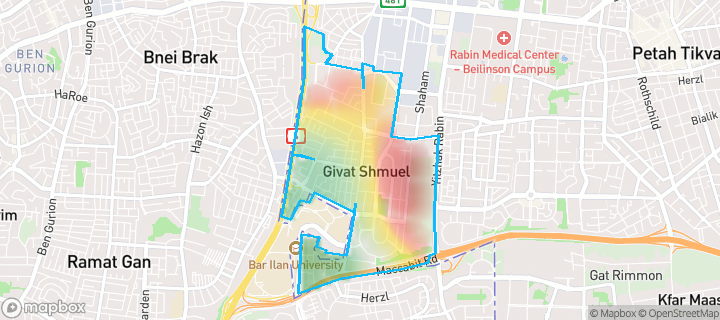 מפה של גבעת שמואל — תחומי העיר מסומנים