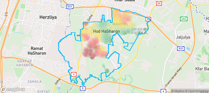 מפה של הוד השרון — תחומי העיר מסומנים