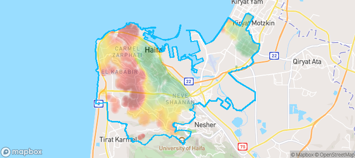 מפה של חיפה — תחומי העיר מסומנים