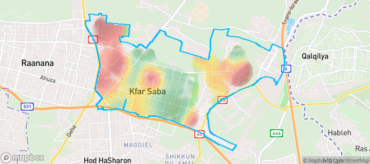 מפה של כפר סבא — תחומי העיר מסומנים
