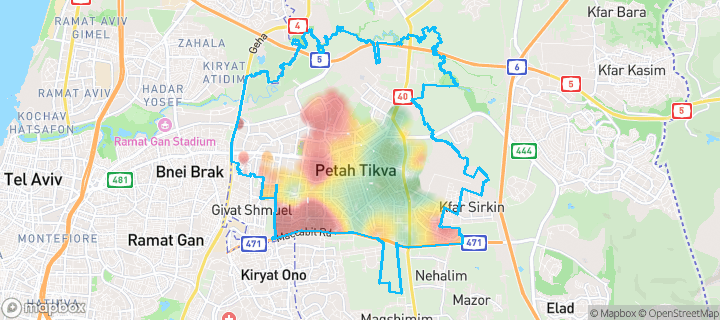 מפה של פתח תקווה — תחומי העיר מסומנים