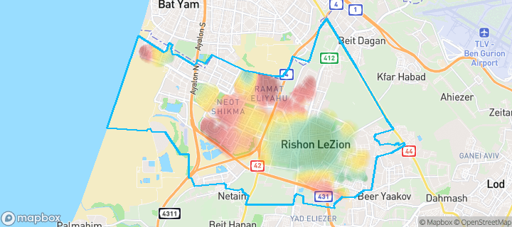 מפה של ראשון לציון — תחומי העיר מסומנים