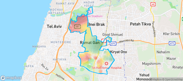 מפה של רמת גן — תחומי העיר מסומנים