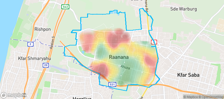 מפה של רעננה — תחומי העיר מסומנים