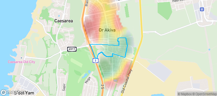 מפת חום של מחירי הנדל"ן בשכונת דרום 1, אור עקיבא — אזורים יקרים בגווני חם, אזורים זולים בגווני קר
