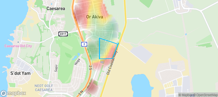 מפת חום של מחירי הנדל"ן בשכונת דרום 2, אור עקיבא — אזורים יקרים בגווני חם, אזורים זולים בגווני קר