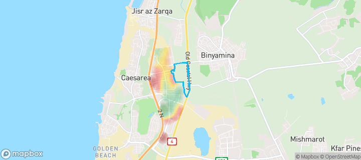 מפת חום של מחירי הנדל"ן בשכונת מזרח, אור עקיבא — אזורים יקרים בגווני חם, אזורים זולים בגווני קר