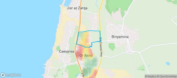 מפת חום של מחירי הנדל"ן בשכונת צפון, אור עקיבא — אזורים יקרים בגווני חם, אזורים זולים בגווני קר