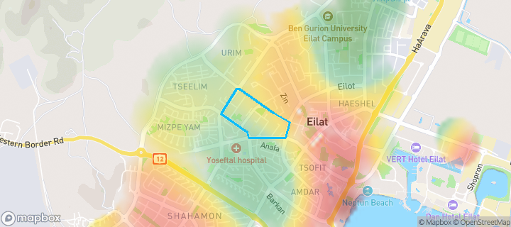 מפת חום של מחירי הנדל"ן בשכונת אופיר, אילת — אזורים יקרים בגווני חם, אזורים זולים בגווני קר