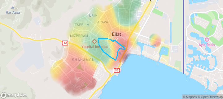 מפת חום של מחירי הנדל"ן בשכונת בנה ביתך, אילת — אזורים יקרים בגווני חם, אזורים זולים בגווני קר