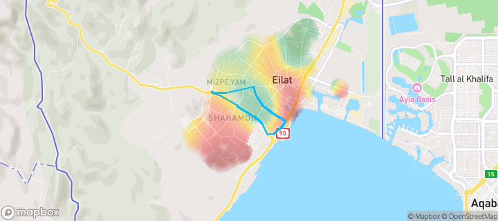 מפת חום של מחירי הנדל"ן בשכונת גנים א, אילת — אזורים יקרים בגווני חם, אזורים זולים בגווני קר