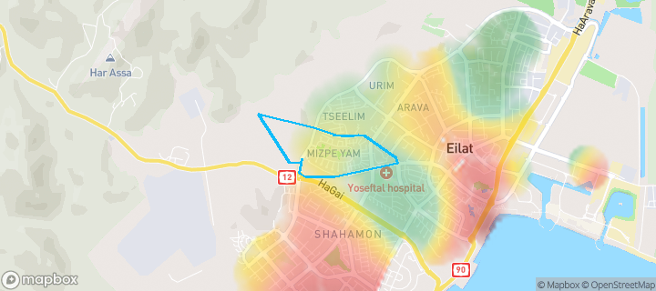 מפת חום של מחירי הנדל"ן בשכונת מצפה ים, אילת — אזורים יקרים בגווני חם, אזורים זולים בגווני קר