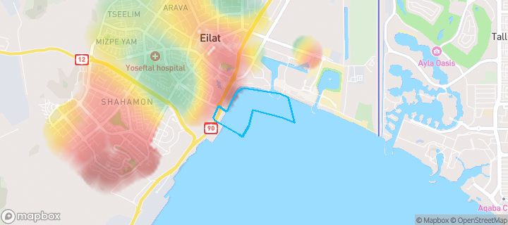 מפת חום של מחירי הנדל"ן בשכונת צופית, אילת — אזורים יקרים בגווני חם, אזורים זולים בגווני קר
