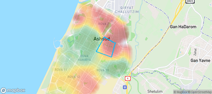 מפת חום של מחירי הנדל"ן בשכונת רובע ו', אשדוד — אזורים יקרים בגווני חם, אזורים זולים בגווני קר