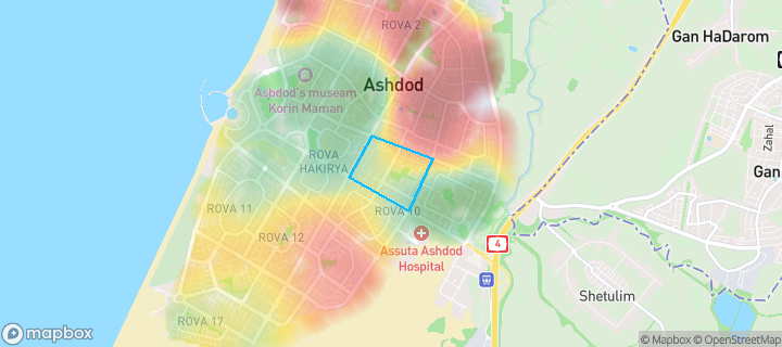 מפת חום של מחירי הנדל"ן בשכונת רובע ח', אשדוד — אזורים יקרים בגווני חם, אזורים זולים בגווני קר