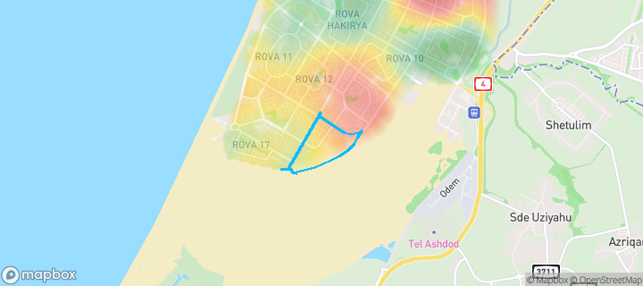 מפת חום של מחירי הנדל"ן בשכונת רובע ט"ז, אשדוד — אזורים יקרים בגווני חם, אזורים זולים בגווני קר