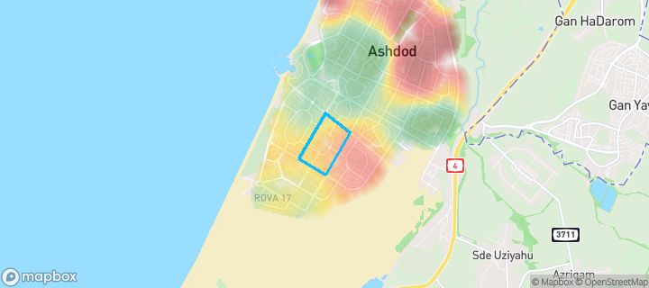מפת חום של מחירי הנדל"ן בשכונת רובע י"ב, אשדוד — אזורים יקרים בגווני חם, אזורים זולים בגווני קר
