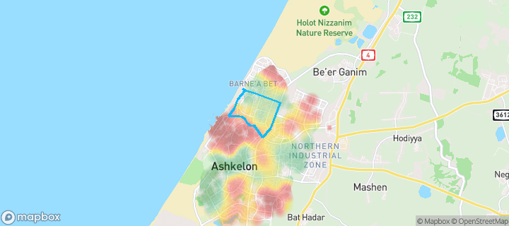 מפת חום של מחירי הנדל"ן בשכונת נאות ברנע, אשקלון — אזורים יקרים בגווני חם, אזורים זולים בגווני קר