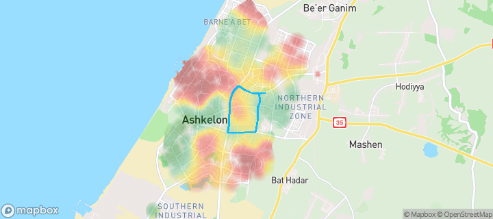 מפת חום של מחירי הנדל"ן בשכונת נווה אילן, אשקלון — אזורים יקרים בגווני חם, אזורים זולים בגווני קר