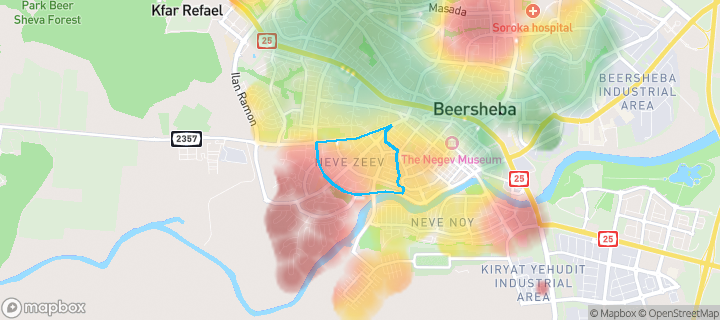 מפת חום של מחירי הנדל"ן בשכונת נווה זאב, באר שבע — אזורים יקרים בגווני חם, אזורים זולים בגווני קר