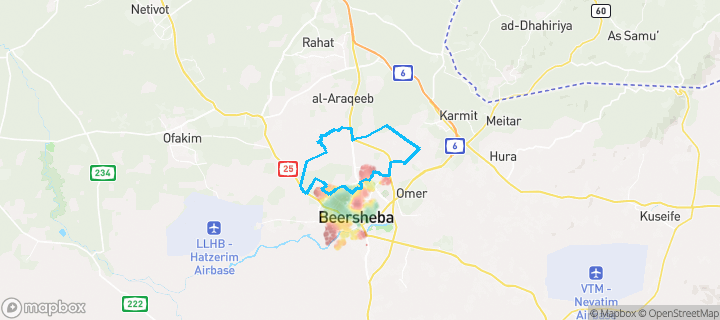מפת חום של מחירי הנדל"ן בשכונת רמות ב', באר שבע — אזורים יקרים בגווני חם, אזורים זולים בגווני קר
