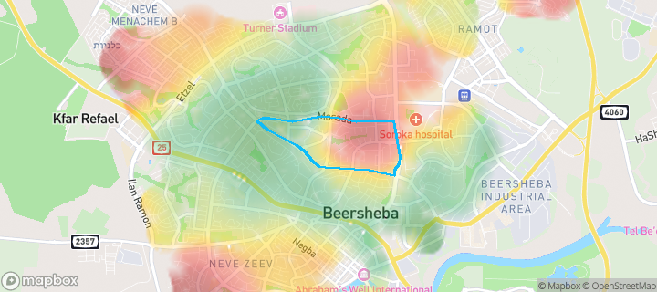 מפת חום של מחירי הנדל"ן בשכונת שכונה ב, באר שבע — אזורים יקרים בגווני חם, אזורים זולים בגווני קר