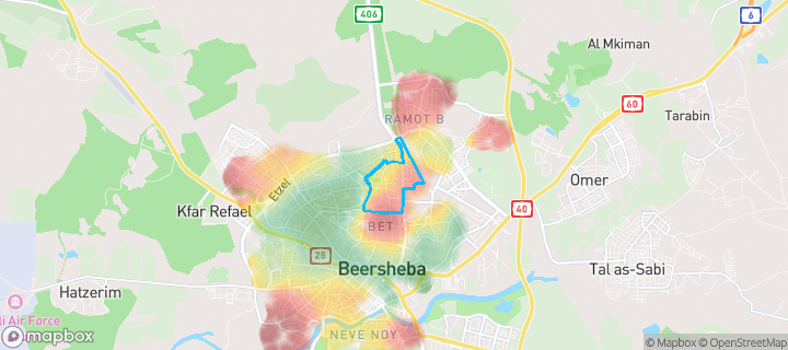 מפת חום של מחירי הנדל"ן בשכונת שכונה ד, באר שבע — אזורים יקרים בגווני חם, אזורים זולים בגווני קר