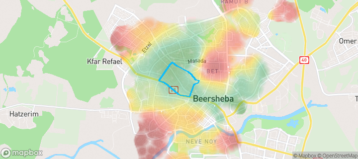 מפת חום של מחירי הנדל"ן בשכונת שכונה ה, באר שבע — אזורים יקרים בגווני חם, אזורים זולים בגווני קר
