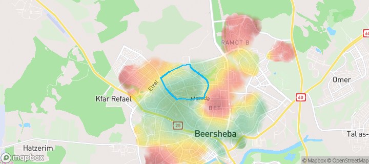 מפת חום של מחירי הנדל"ן בשכונת שכונה ו, באר שבע — אזורים יקרים בגווני חם, אזורים זולים בגווני קר