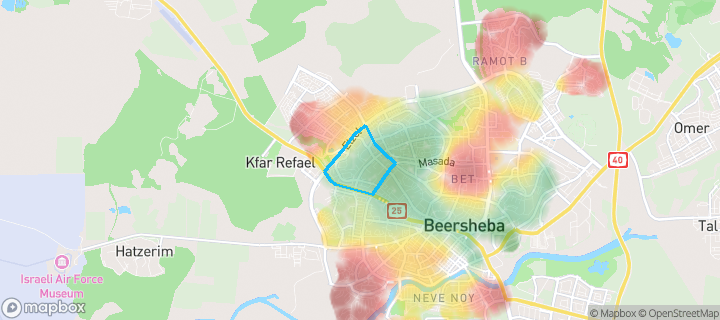 מפת חום של מחירי הנדל"ן בשכונת שכונה י"א, באר שבע — אזורים יקרים בגווני חם, אזורים זולים בגווני קר