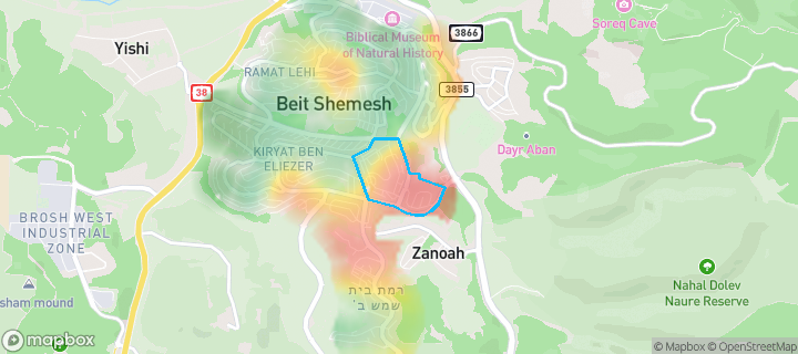 מפת חום של מחירי הנדל"ן בשכונת בית ומנוחה, בית שמש — אזורים יקרים בגווני חם, אזורים זולים בגווני קר