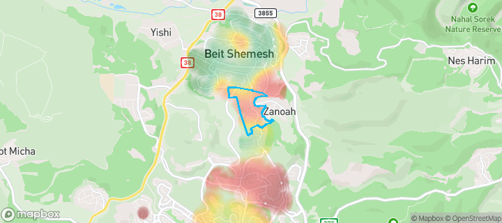מפת חום של מחירי הנדל"ן בשכונת קרית הרמ"א, בית שמש — אזורים יקרים בגווני חם, אזורים זולים בגווני קר