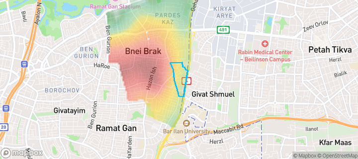 מפת חום של מחירי הנדל"ן בשכונת גיורא, בני ברק — אזורים יקרים בגווני חם, אזורים זולים בגווני קר