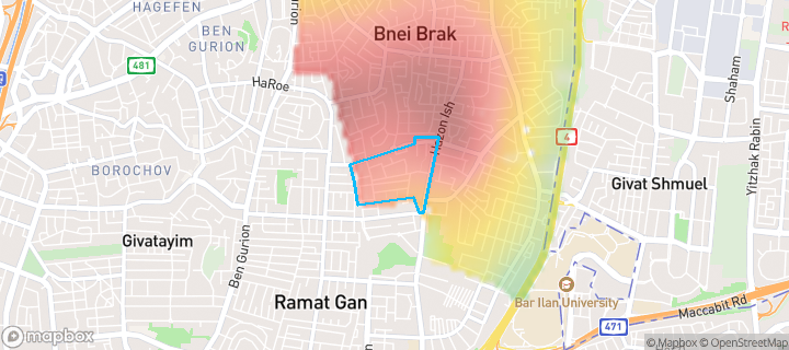 מפת חום של מחירי הנדל"ן בשכונת מרום נווה, בני ברק — אזורים יקרים בגווני חם, אזורים זולים בגווני קר