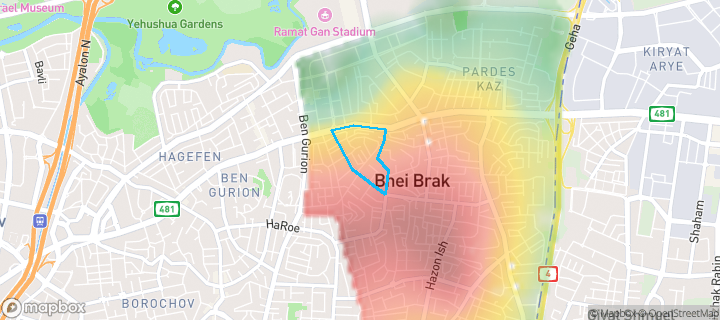 מפת חום של מחירי הנדל"ן בשכונת תל גיבורים, בני ברק — אזורים יקרים בגווני חם, אזורים זולים בגווני קר