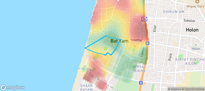 מפת חום של מחירי הנדל"ן בשכונת דרום מערב, בת ים — אזורים יקרים בגווני חם, אזורים זולים בגווני קר