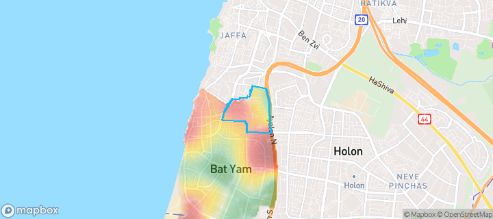 מפת חום של מחירי הנדל"ן בשכונת עמידר, בת ים — אזורים יקרים בגווני חם, אזורים זולים בגווני קר