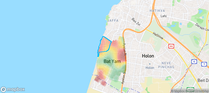 מפת חום של מחירי הנדל"ן בשכונת צפון מערב 1, בת ים — אזורים יקרים בגווני חם, אזורים זולים בגווני קר