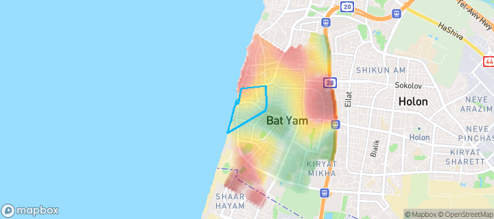 מפת חום של מחירי הנדל"ן בשכונת צפון מערב 2, בת ים — אזורים יקרים בגווני חם, אזורים זולים בגווני קר