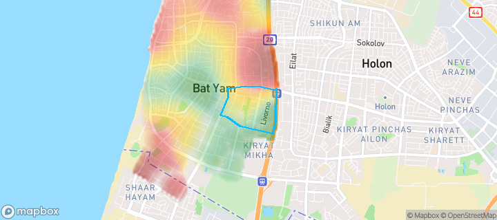 מפת חום של מחירי הנדל"ן בשכונת רמת הנשיא, בת ים — אזורים יקרים בגווני חם, אזורים זולים בגווני קר