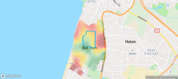 מפת חום של מחירי הנדל"ן בשכונת שיכון ותיקים, בת ים — אזורים יקרים בגווני חם, אזורים זולים בגווני קר