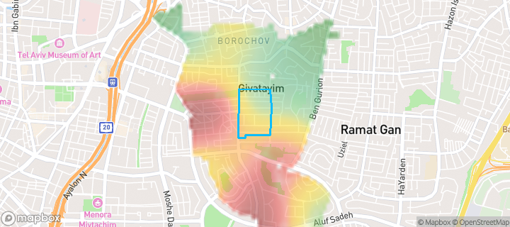 מפת חום של מחירי הנדל"ן בשכונת ארלוזורוב, גבעתיים — אזורים יקרים בגווני חם, אזורים זולים בגווני קר