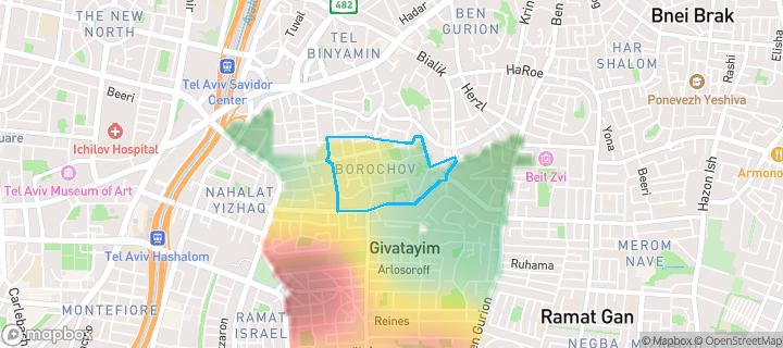 מפת חום של מחירי הנדל"ן בשכונת בורוכוב, גבעתיים — אזורים יקרים בגווני חם, אזורים זולים בגווני קר