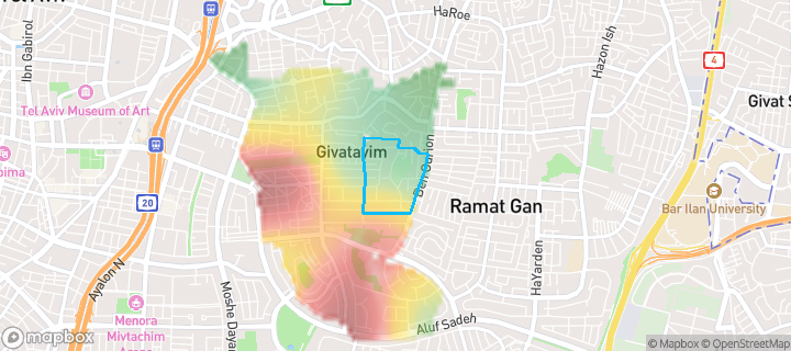 מפת חום של מחירי הנדל"ן בשכונת גבעת קוזלובסקי, גבעתיים — אזורים יקרים בגווני חם, אזורים זולים בגווני קר
