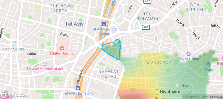 מפת חום של מחירי הנדל"ן בשכונת נחלת יצחק, גבעתיים — אזורים יקרים בגווני חם, אזורים זולים בגווני קר