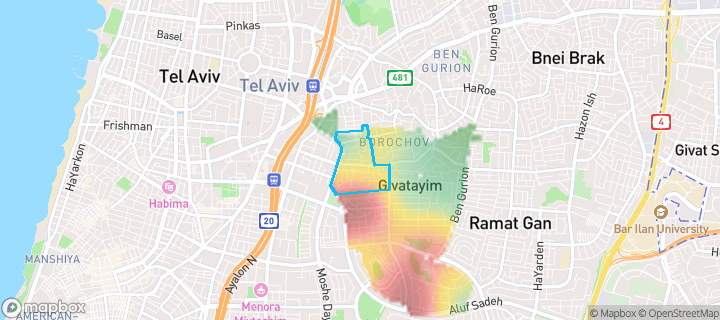 מפת חום של מחירי הנדל"ן בשכונת קרית יוסף, גבעתיים — אזורים יקרים בגווני חם, אזורים זולים בגווני קר