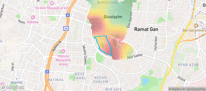מפת חום של מחירי הנדל"ן בשכונת שיכון חברת חשמל, גבעתיים — אזורים יקרים בגווני חם, אזורים זולים בגווני קר