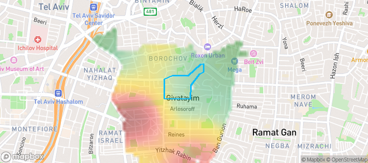 מפת חום של מחירי הנדל"ן בשכונת שנקין, גבעתיים — אזורים יקרים בגווני חם, אזורים זולים בגווני קר