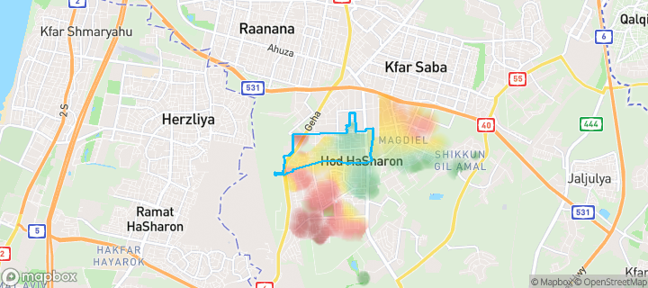 מפת חום של מחירי הנדל"ן בשכונת רמתיים, הוד השרון — אזורים יקרים בגווני חם, אזורים זולים בגווני קר